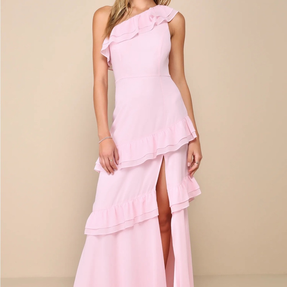 One-Shoulder Pink Ruffle Maxi Dress
